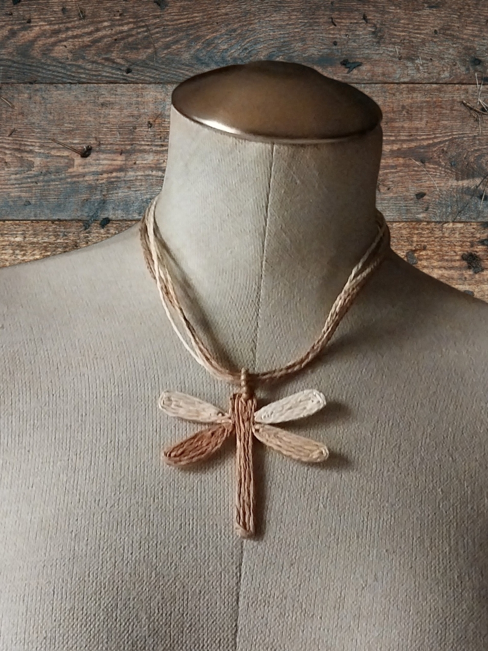 Handcrafted Beige and Tan Dragonfly Pendant Necklace